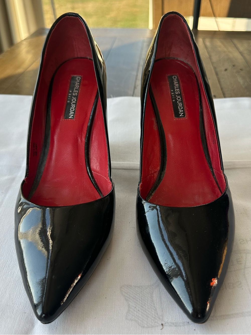 Charles Jourdan Paris black wedge heels with red interior